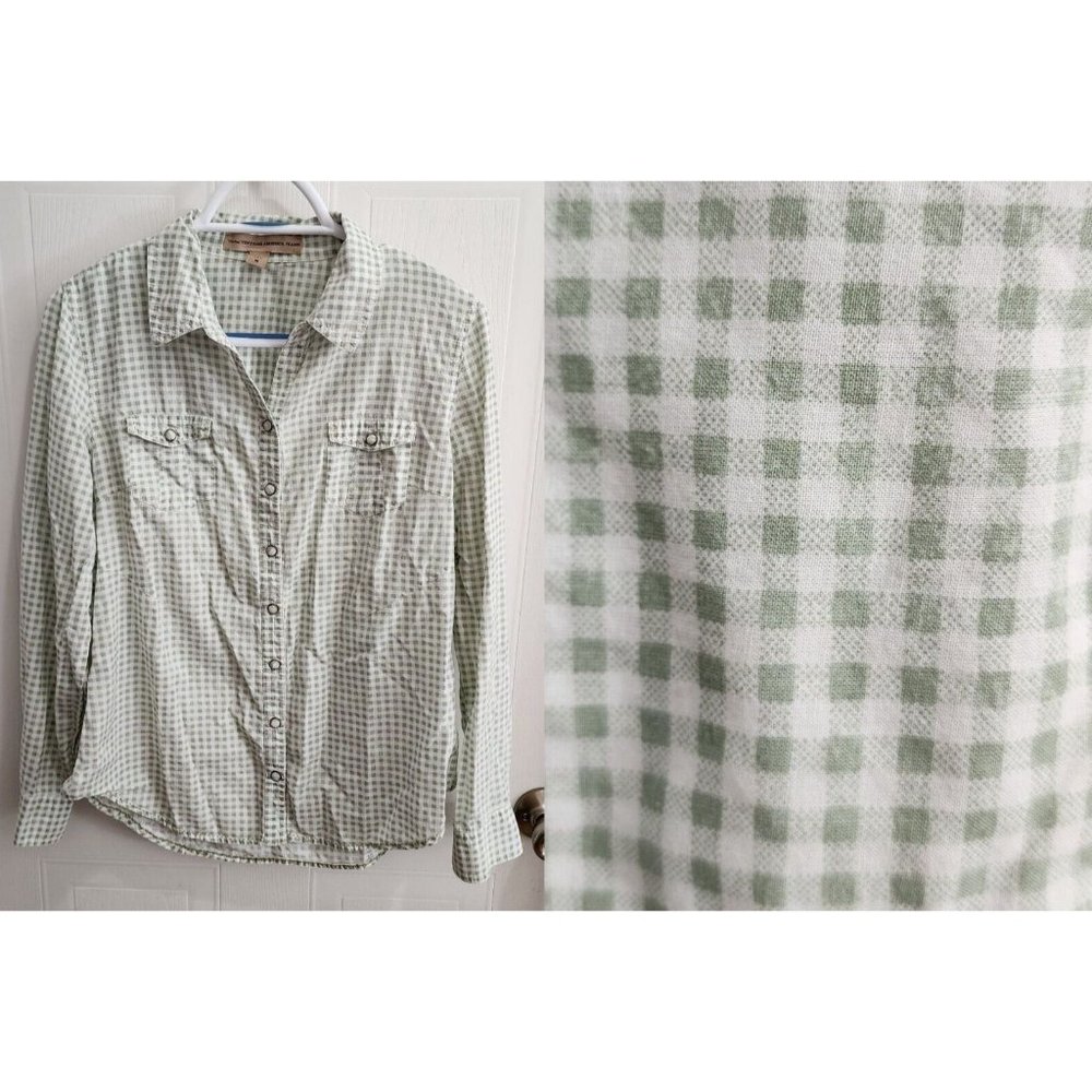 Nine West Vintage America Women Long Sleeve Pearl Snap Top Green Gingham Plaid M